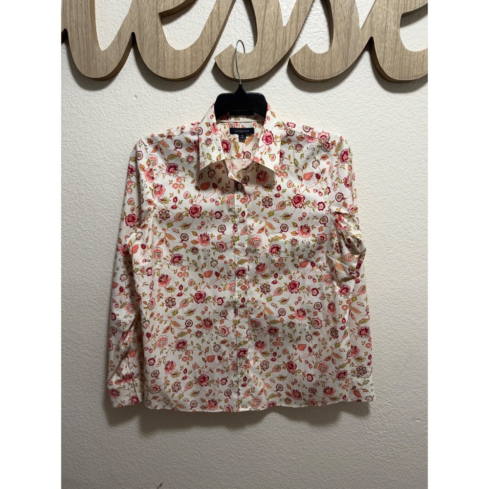 Lands'End Floral White Blouse Size 14